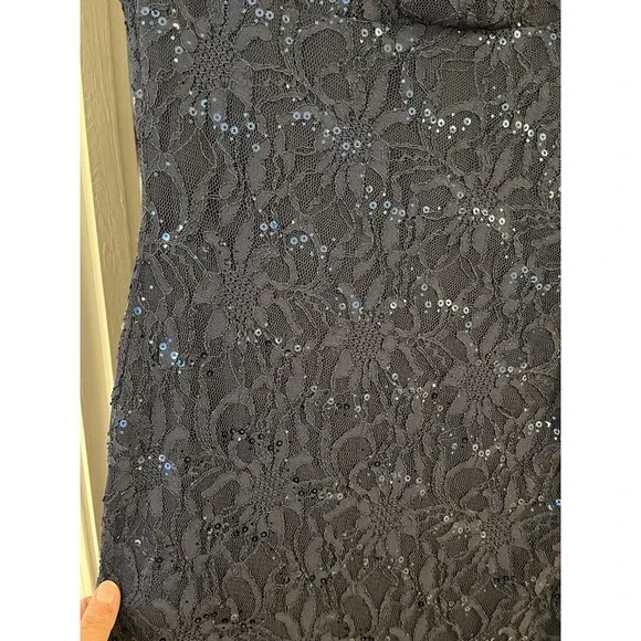 Lauren Ralph Lauren Lace Sequence Ruched Asymmetrical Navy Blue Dress 16W - Picture 7 of 13
